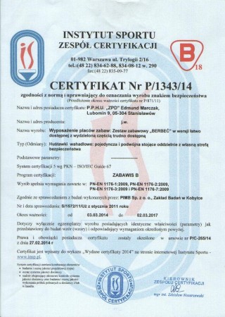 Certyfikat zgodności z PN EN 1176 Plac Zabaw Berbeć