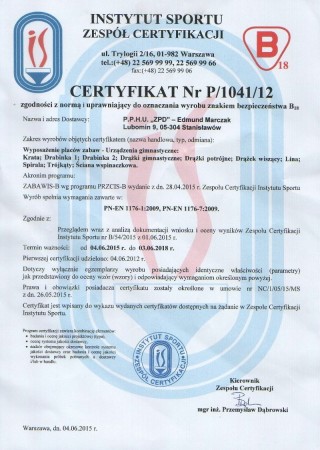 Certyfikat zgodności z PN EN 1176 Zestaw Gimnastyczny