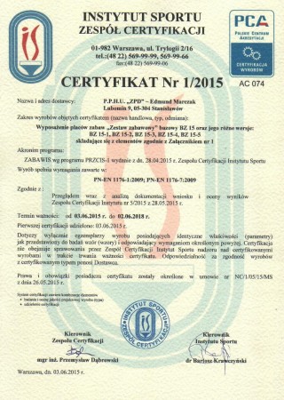 Certyfikat zgodności z PN EN 1176 Zestawy Zabawowe BZ15